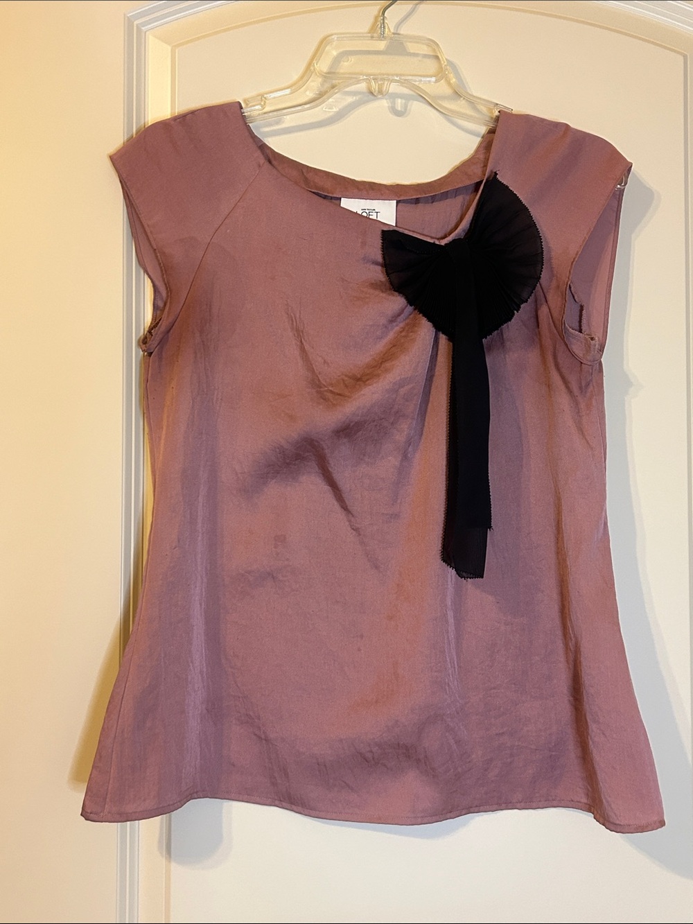 LOFT Mauve Cap-Sleeve Blouse with Black Ribbon Rosette